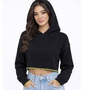 Stitches + Stripes Womens XS Black Cropped Hoodie Sweater‎ Neon Trim NWT